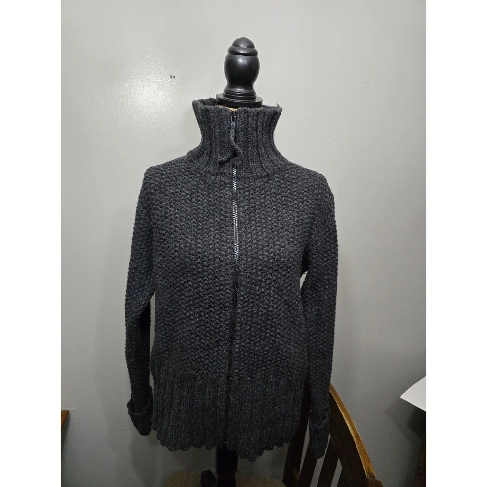 Charcoal Grey Chunky Knit Full Zip Cardigan Sweater High Neck Ribbed Trim S